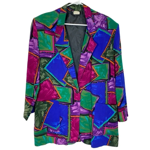 Vintage 90s Geometric Colorful Jacket Blazer Womens Large Shoulder Pads Multi - Picture 1 of 11